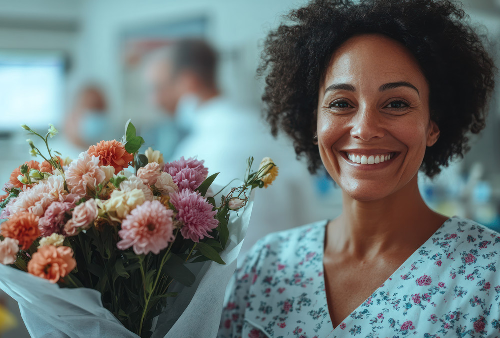 Woman smiling with flowers